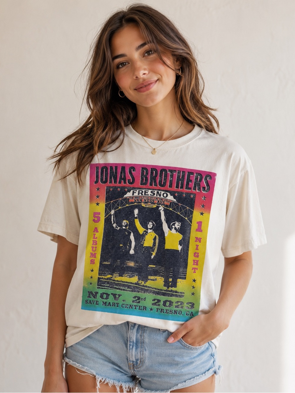 Jonas Brothers Graphic Tee - Ivory with Rainbow Print